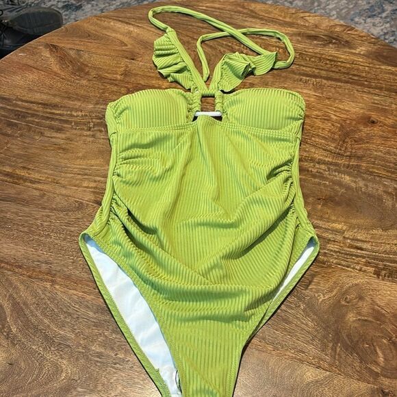 EastElegant Maternity Ruffle Ribbed One Piece Square Ring Linked Suit Green - Picture 2 of 7